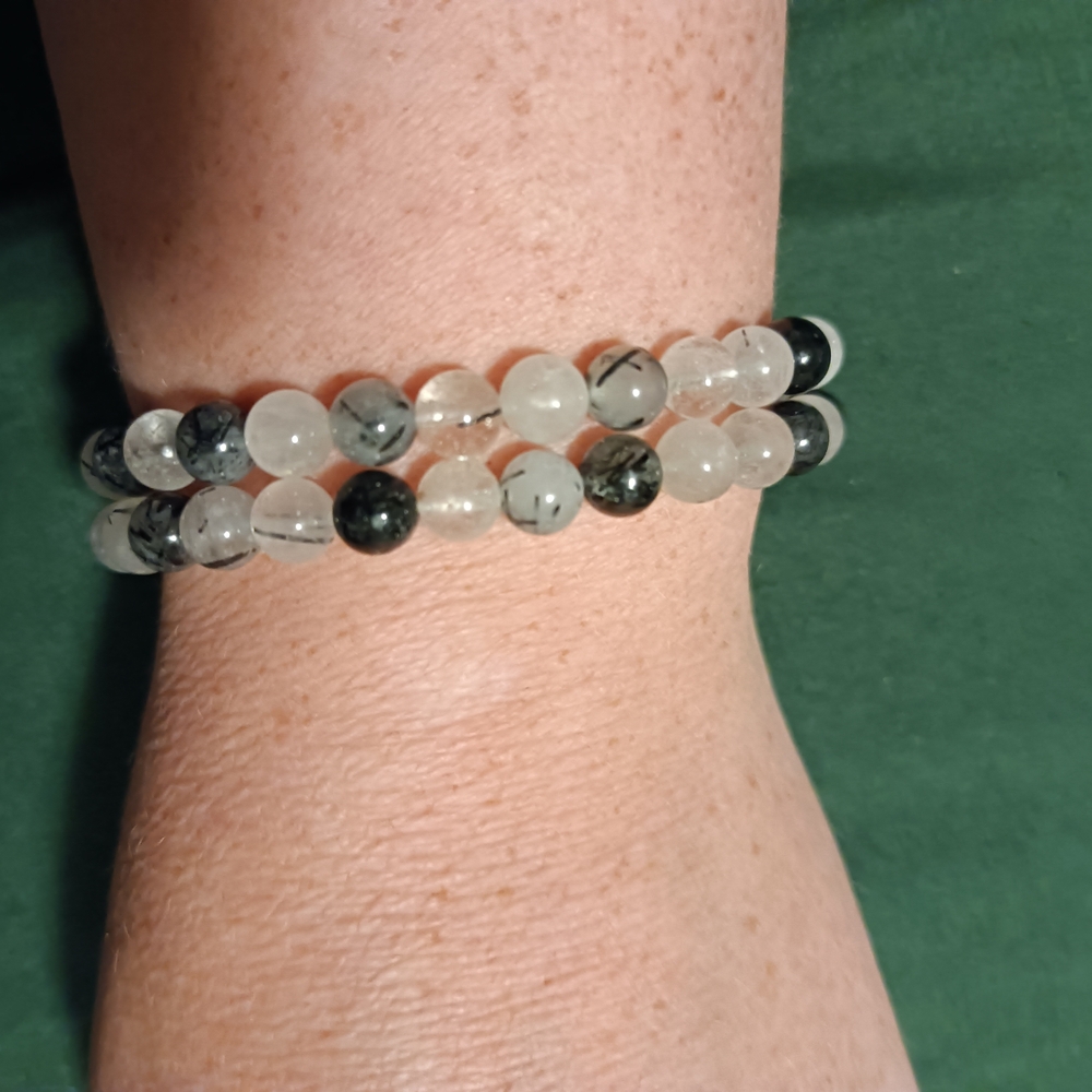 2 Elegant Black and White Tourmaline Quartz Beaded Bracelets